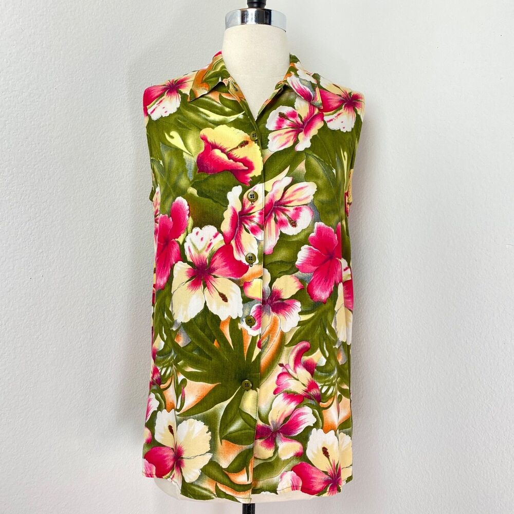 Vintage California Krush Tropical Rayon Blouse Top Small Button Front Sleeveless